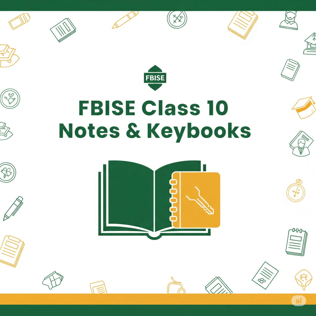 FBISE Class 10 Notes and Keybooks – Educational Image with Book and Notebook