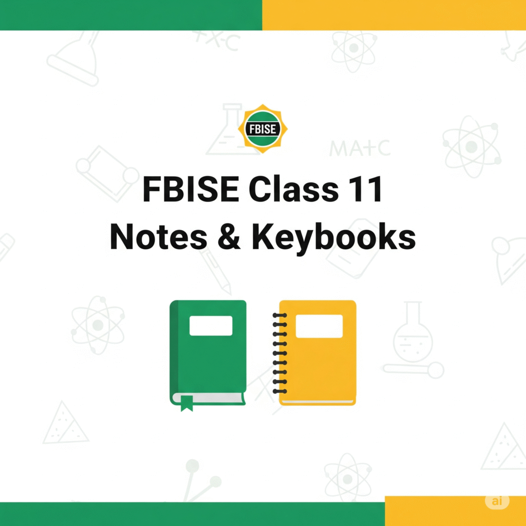 FBISE Class 11 Notes and Keybooks – Green Book with Yellow Notebook Illustration